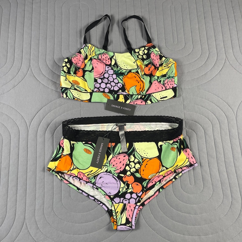Savage X Fenty 2 Pc Bralette Panty Set Size 3X Fruit Print Cotton Lingerie NWT